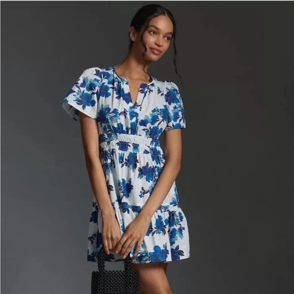 Anthropologie White Mini Dress with Blue Floral Print